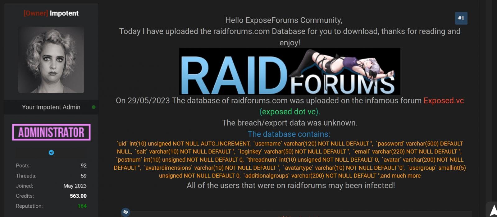 A database containing 478,000 RaidForums members leaked online