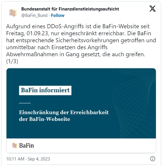 A massive DDoS attack took down the site of the German financial agency BaFin