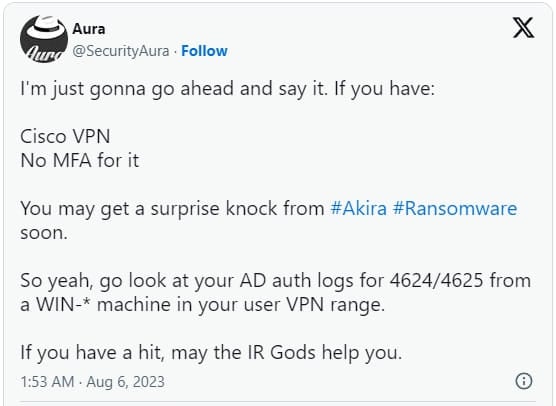 Akira Ransomware gang targets Cisco ASA without Multi-Factor Authentication